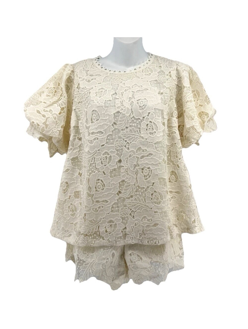 NWT Umgee Small Ivory Floral Lace Puff Sleeve Top Shorts 2 Piece Set K8673 - Picture 2 of 10